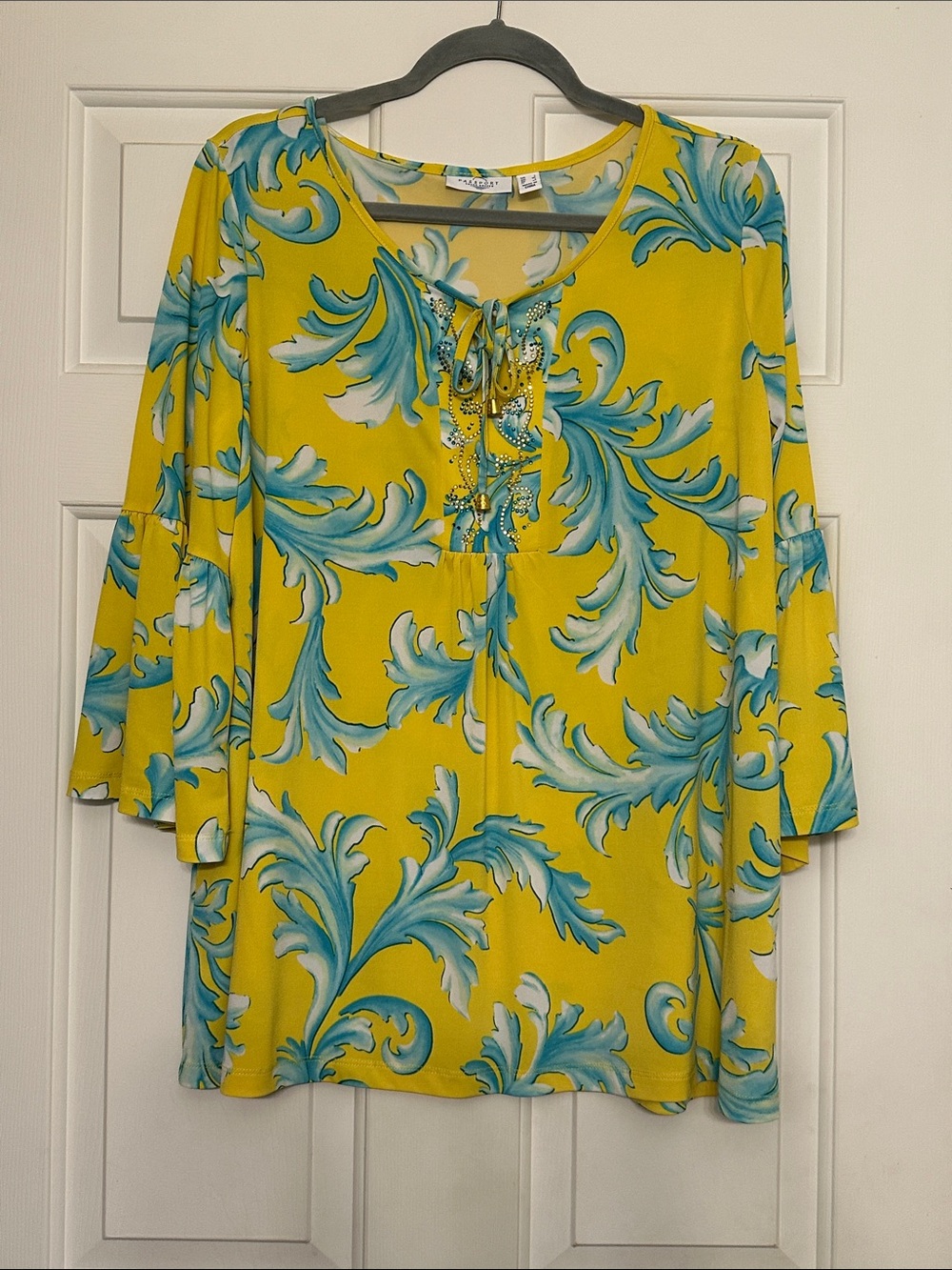 Susan Graver Yellow Tunic with Blue Scroll Print and Lace-Up Neck
